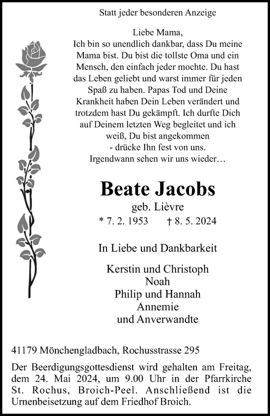 Traueranzeige von Beate Jacobs von trauer.extra-tipp-moenchengladbach.de