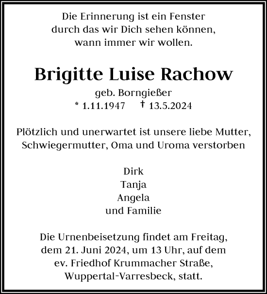 Traueranzeige von Brigitte Luise Rachow von trauer.wuppertaler-rundschau.de