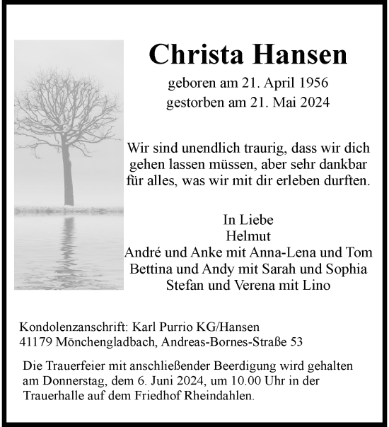 Traueranzeige von Christa Hansen von trauer.extra-tipp-moenchengladbach.de