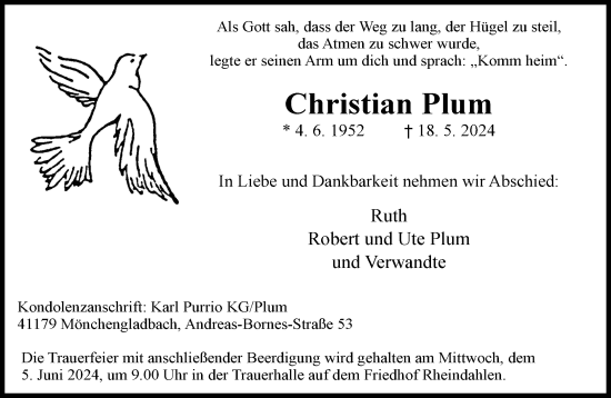 Traueranzeige von Christian Plum von trauer.extra-tipp-moenchengladbach.de