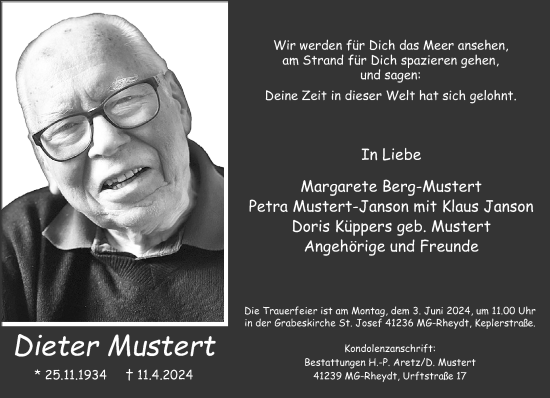 Traueranzeige von Dieter Mustert von trauer.extra-tipp-moenchengladbach.de