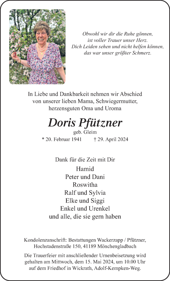 Traueranzeige von Doris Pfützner von trauer.extra-tipp-moenchengladbach.de