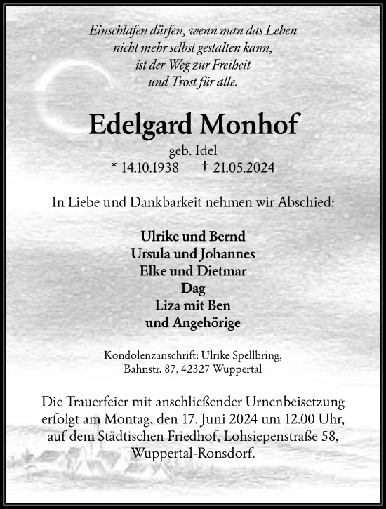 Traueranzeige von Edelgard Monhof von trauer.wuppertaler-rundschau.de