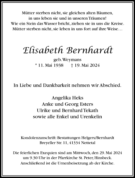 Traueranzeige von Elisabeth Bernhardt von trauer.extra-tipp-moenchengladbach.de