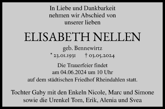 Traueranzeige von Elisabeth Nellen von trauer.extra-tipp-moenchengladbach.de