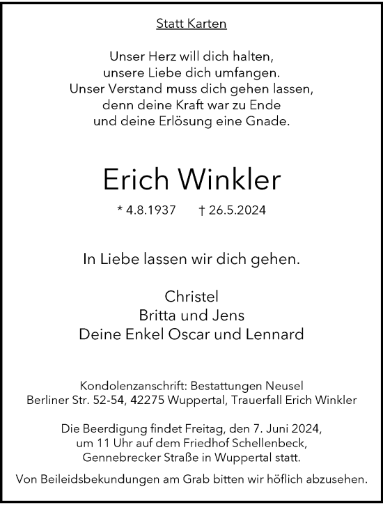 Traueranzeige von Erich Winkler von trauer.wuppertaler-rundschau.de