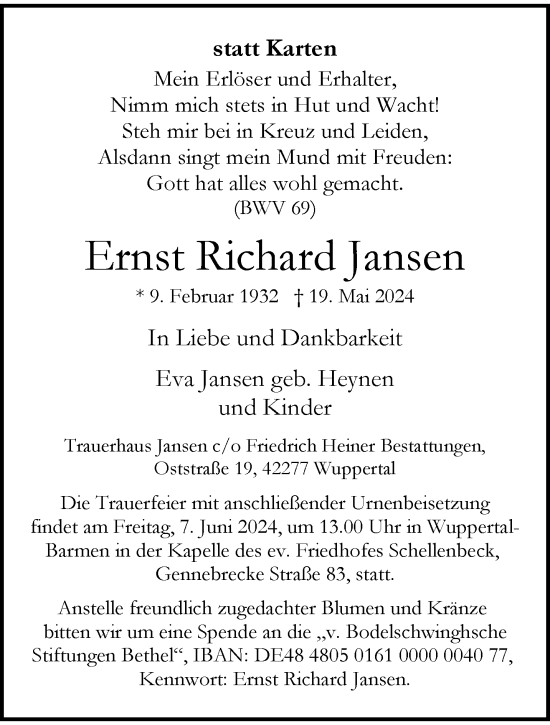 Traueranzeige von Ernst Richard Jansen von trauer.wuppertaler-rundschau.de