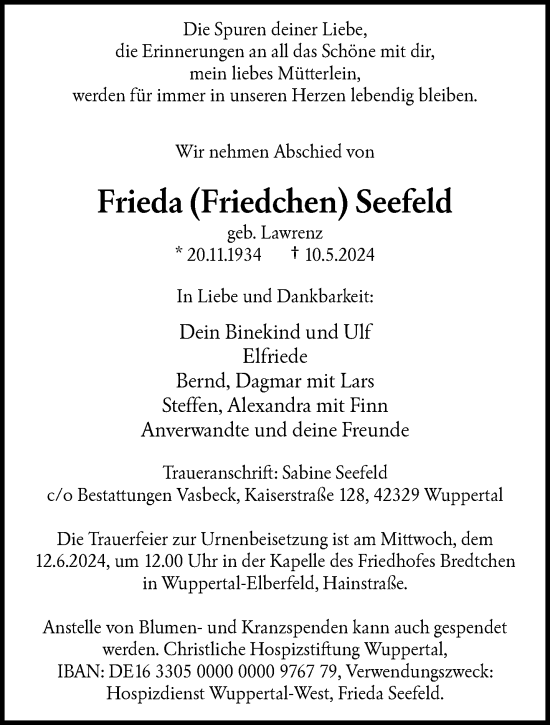 Traueranzeige von Frieda Seefeld von trauer.wuppertaler-rundschau.de