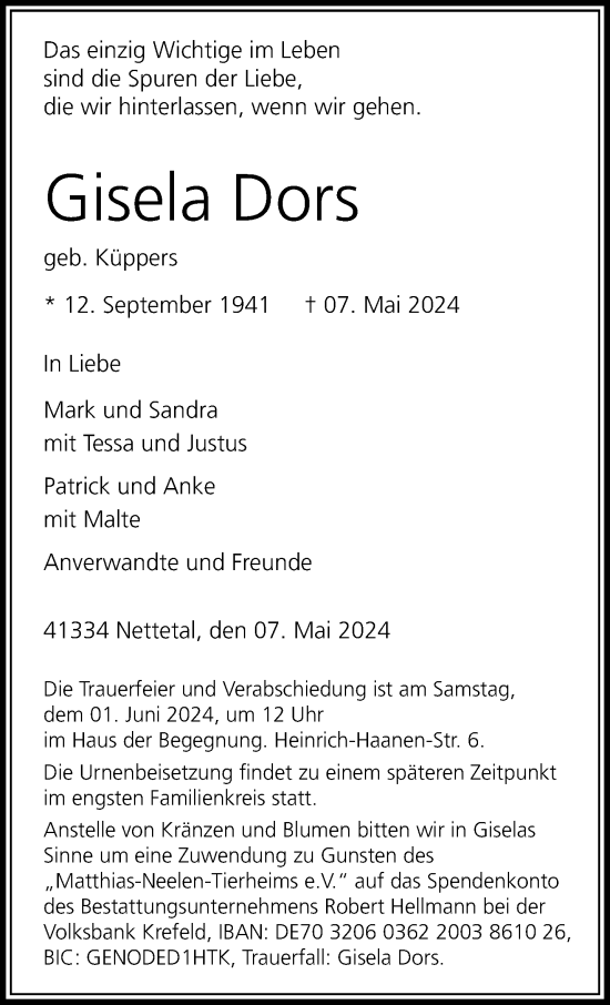 Traueranzeige von Gisela Dors von trauer.extra-tipp-moenchengladbach.de