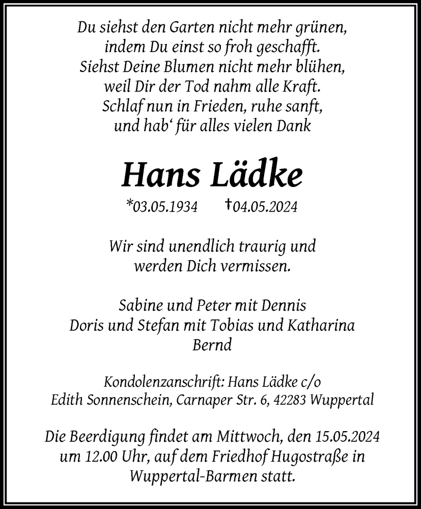 Traueranzeige für Hans Lädke vom 11.05.2024 aus trauer.wuppertaler-rundschau.de