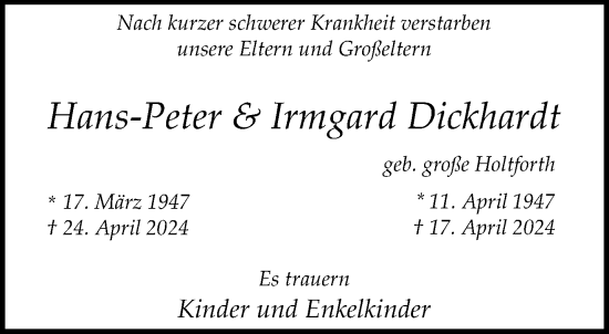 Traueranzeige von Hans-Peter und Irmgard Dickhardt von trauer.extra-tipp-moenchengladbach.de