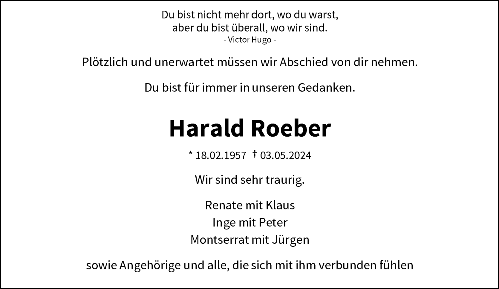  Traueranzeige für Harald Roeber vom 11.05.2024 aus trauer.wuppertaler-rundschau.de