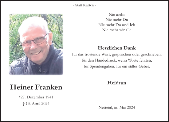 Traueranzeige von Heiner Franken von trauer.extra-tipp-moenchengladbach.de