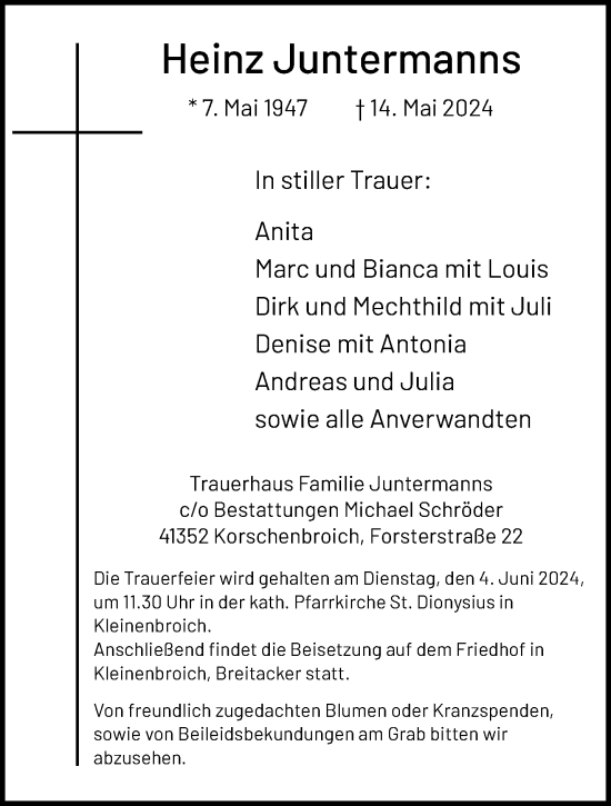 Traueranzeige von Heinz Juntermanns von trauer.extra-tipp-moenchengladbach.de