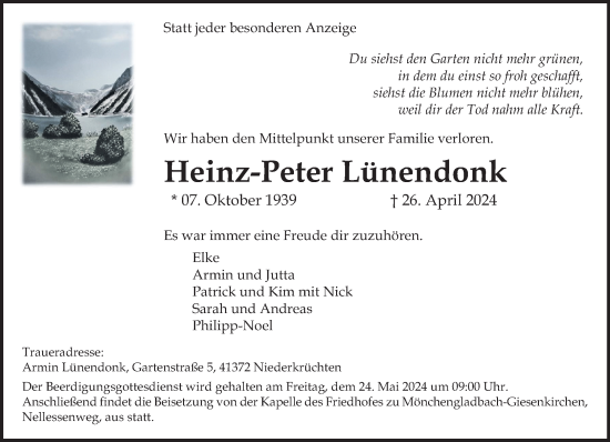 Traueranzeige von Heinz-Peter Lünendonk von trauer.extra-tipp-moenchengladbach.de