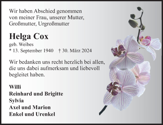 Traueranzeige von Helga Cox von trauer.extra-tipp-moenchengladbach.de