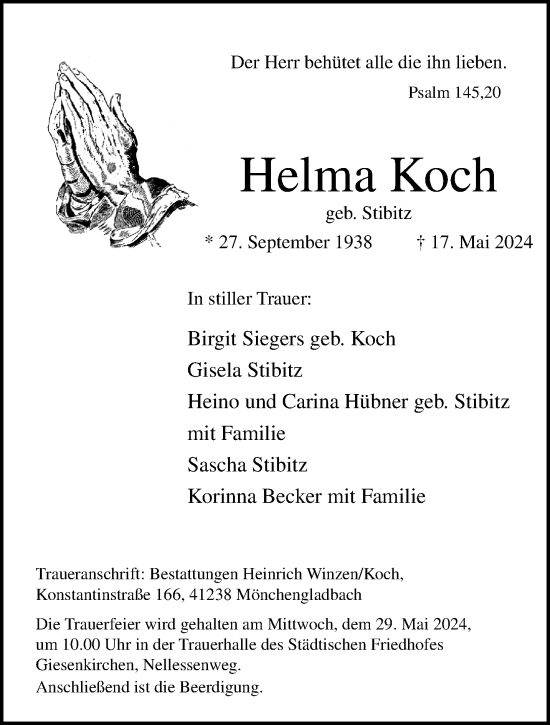 Traueranzeige von Helma Koch von trauer.extra-tipp-moenchengladbach.de