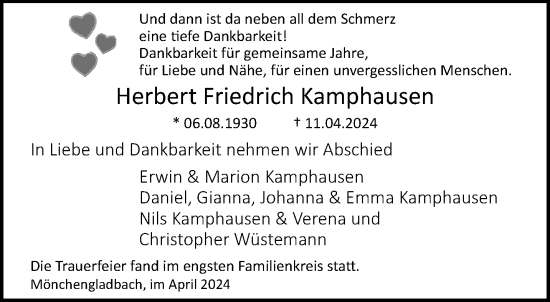Traueranzeige von Herbert Friedrich Kamphausen von trauer.extra-tipp-moenchengladbach.de