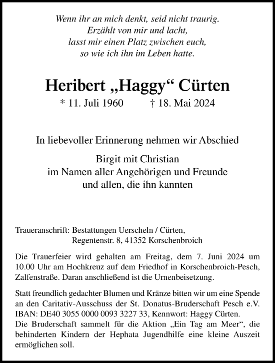 Traueranzeige von Heribert Cürten von trauer.extra-tipp-moenchengladbach.de