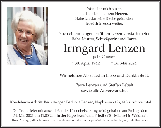 Traueranzeige von Irmgard Lenzen von trauer.extra-tipp-moenchengladbach.de