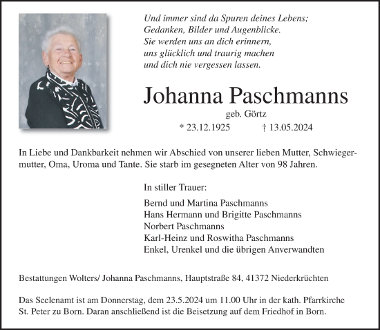 Traueranzeige von Johanna Paschmanns von trauer.extra-tipp-moenchengladbach.de