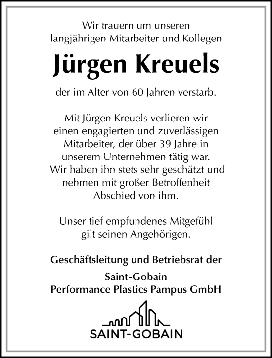 Traueranzeige von Jürgen Kreuels von trauer.extra-tipp-moenchengladbach.de