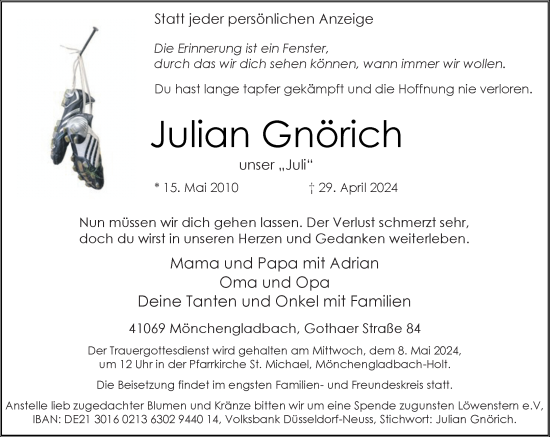 Traueranzeige von Julian Gnörich von trauer.extra-tipp-moenchengladbach.de