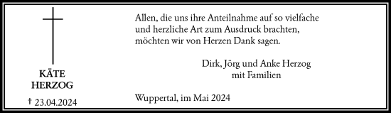 Traueranzeige von Käte Herzog von trauer.wuppertaler-rundschau.de