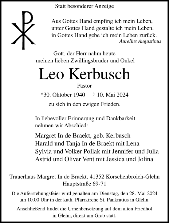 Traueranzeige von Leo Kerbusch von trauer.extra-tipp-moenchengladbach.de