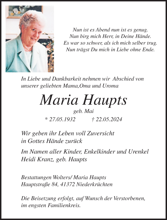 Traueranzeige von Maria Haupts von trauer.extra-tipp-moenchengladbach.de