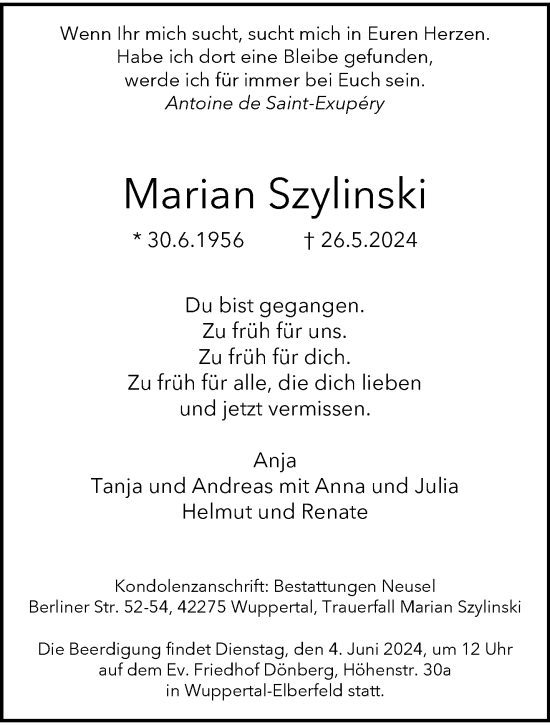 Traueranzeige von Marian Szylinski von trauer.wuppertaler-rundschau.de