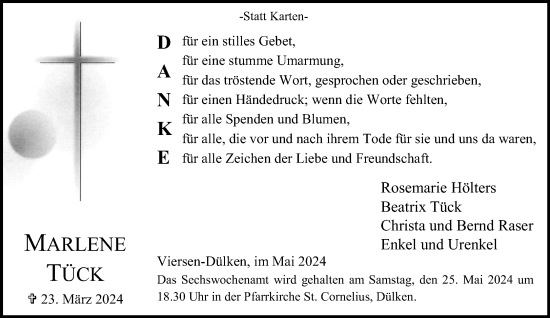 Traueranzeige von Marlene Tück von trauer.extra-tipp-moenchengladbach.de