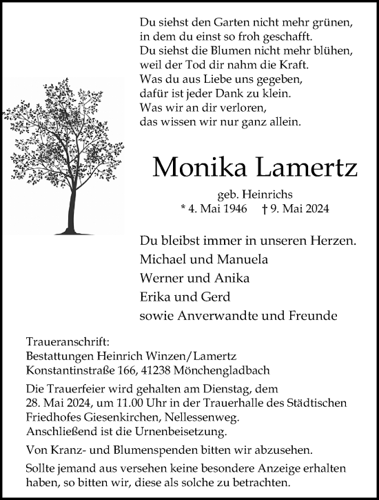 Traueranzeige von Monika Lamertz von trauer.extra-tipp-moenchengladbach.de