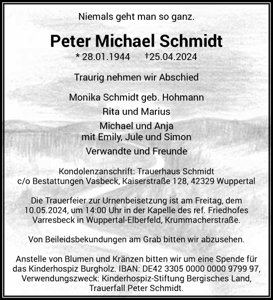 Traueranzeige von Peter Michael Schmidt von trauer.wuppertaler-rundschau.de