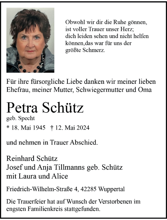 Traueranzeige von Petra Schütz von trauer.wuppertaler-rundschau.de