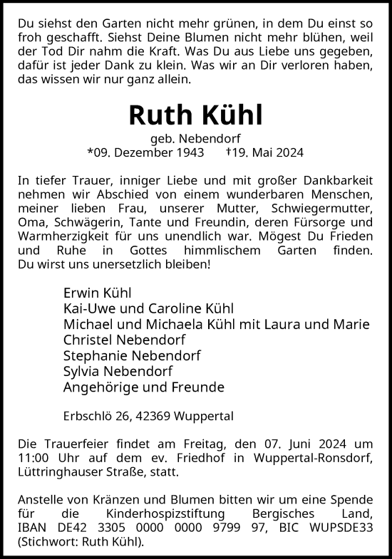 Traueranzeige von Ruth Kühl von trauer.wuppertaler-rundschau.de