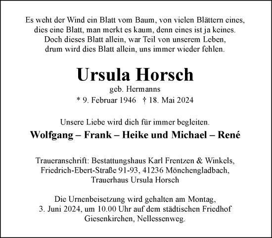 Traueranzeige von Ursula Horsch von trauer.extra-tipp-moenchengladbach.de