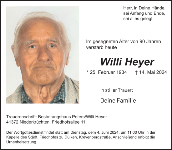 Traueranzeige von Willi Heyer von trauer.extra-tipp-moenchengladbach.de