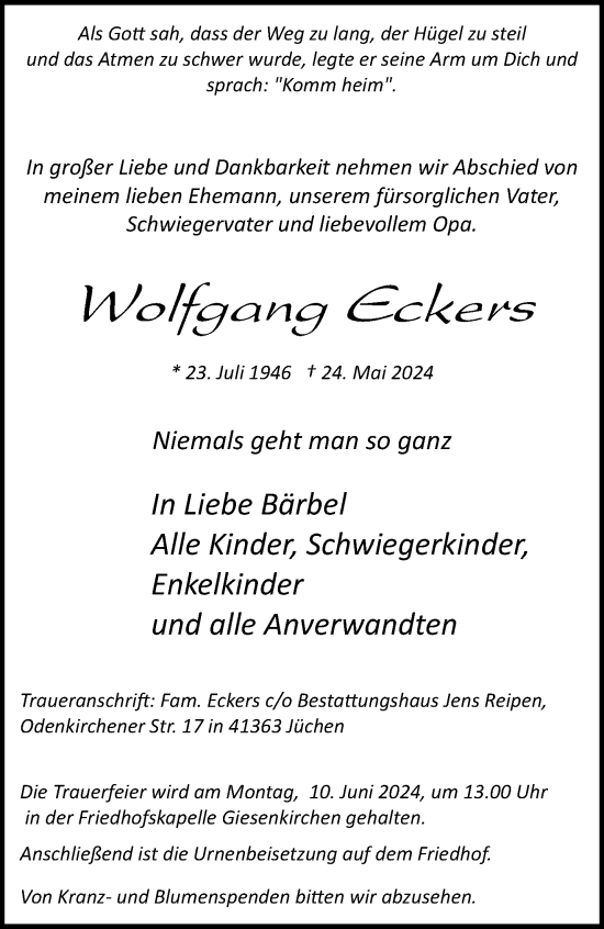 Traueranzeige von Wolfgang Eckers von trauer.extra-tipp-moenchengladbach.de