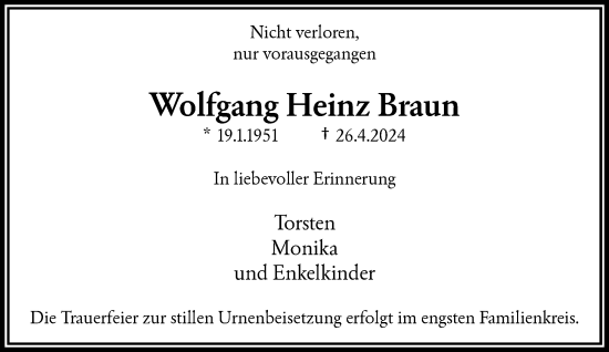 Traueranzeige von Wolfgang Heinz Braun von trauer.wuppertaler-rundschau.de