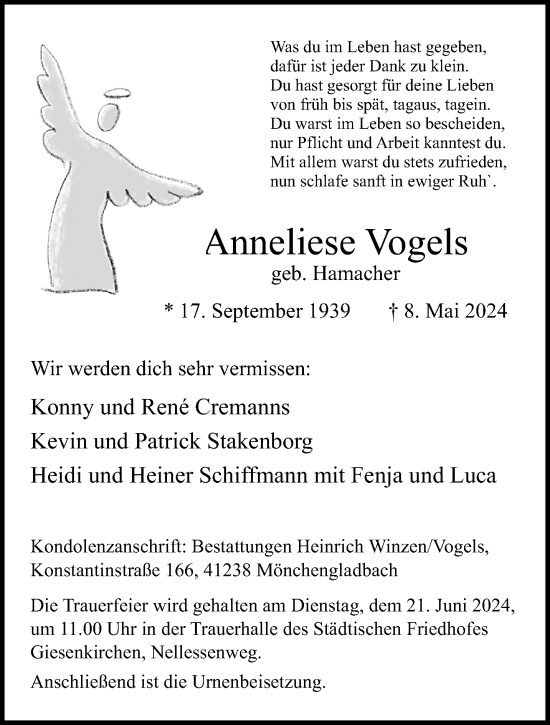 Traueranzeige von Anneliese Vogels von trauer.extra-tipp-moenchengladbach.de