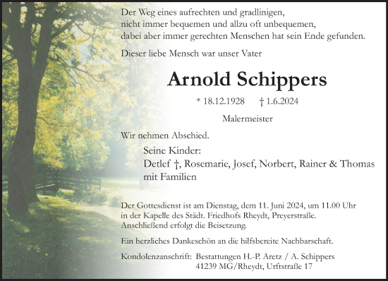 Traueranzeige von Arnold Schippers von trauer.extra-tipp-moenchengladbach.de