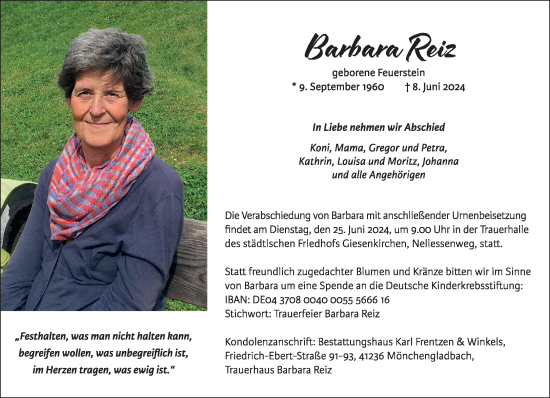 Traueranzeige von Barbara Reiz von trauer.extra-tipp-moenchengladbach.de