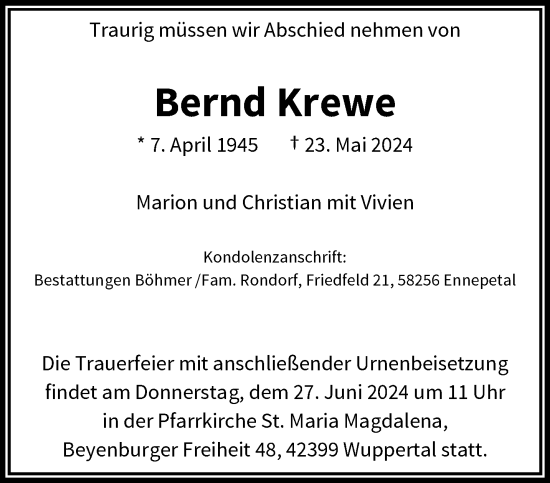 Traueranzeige von Bernd Krewe von trauer.wuppertaler-rundschau.de