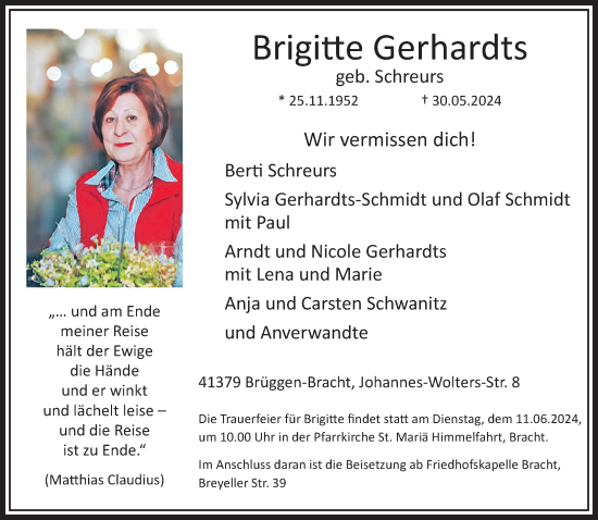 Traueranzeige von Brigitte Gerhardts von trauer.extra-tipp-moenchengladbach.de