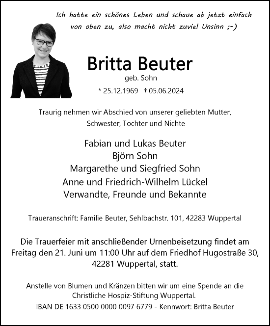 Traueranzeige von Britta Beuter von trauer.wuppertaler-rundschau.de