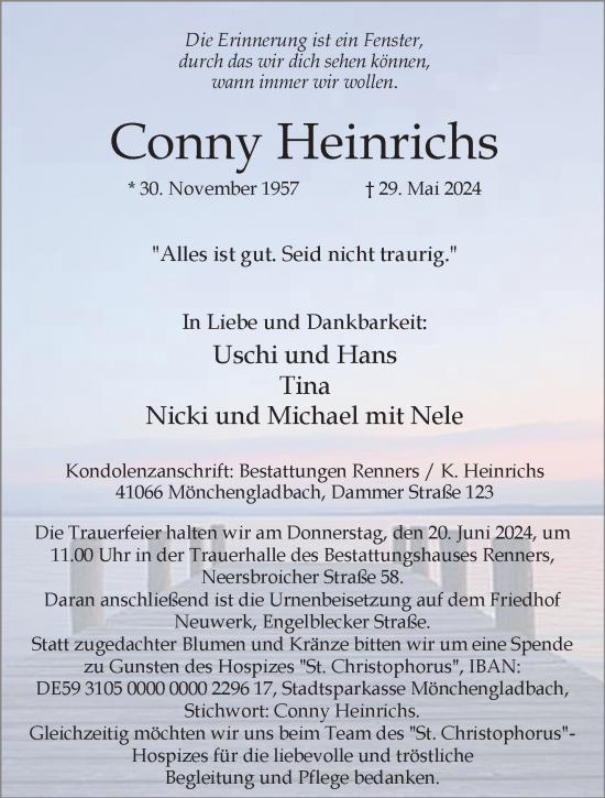 Traueranzeige von Conny Heinrichs von trauer.extra-tipp-moenchengladbach.de