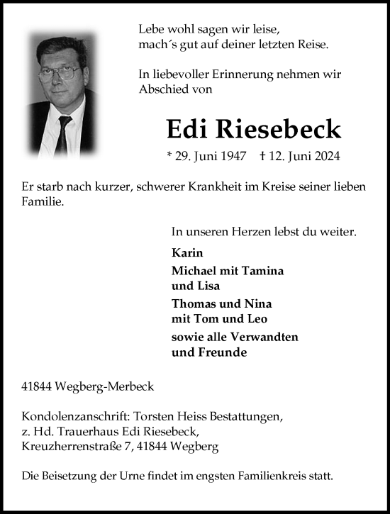 Traueranzeige von Edi Riesebeck von trauer.extra-tipp-moenchengladbach.de