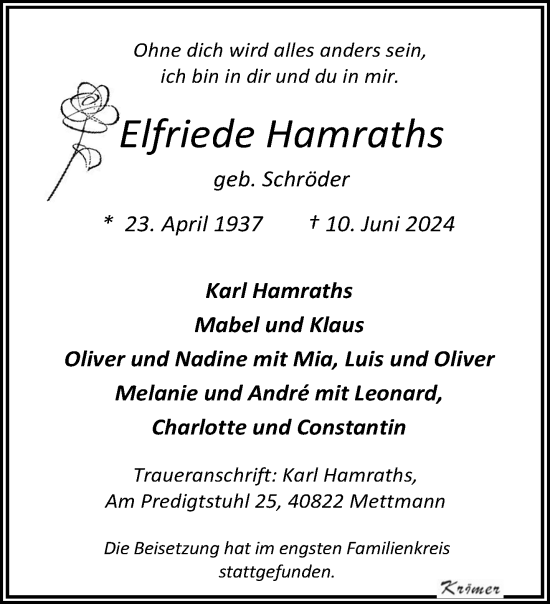 Traueranzeige von Elfriede Hamraths von trauer.duesseldorfer-anzeiger.de