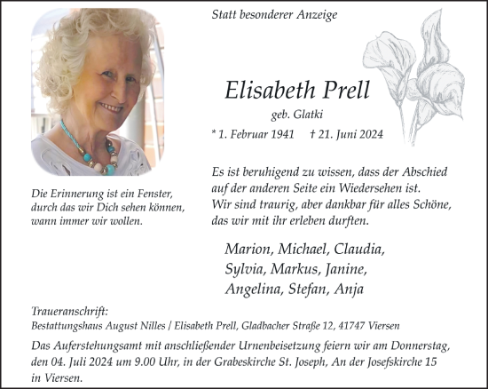 Traueranzeige von Elisabeth Prell von trauer.extra-tipp-moenchengladbach.de